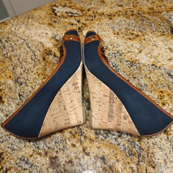Tommy Hilfiger Tawnisha Peep Toe Canvas Cork Wedge Heels Blue Women's Sz 5.5 - Picture 8 of 10